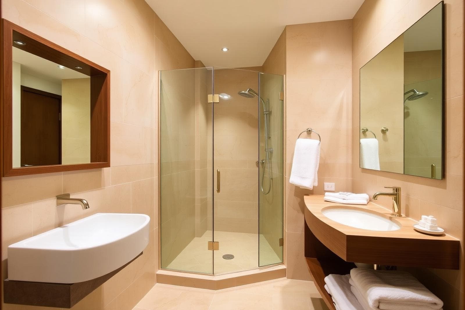 Guest bathroom with walk-in shower, stone tiling and fresh towels