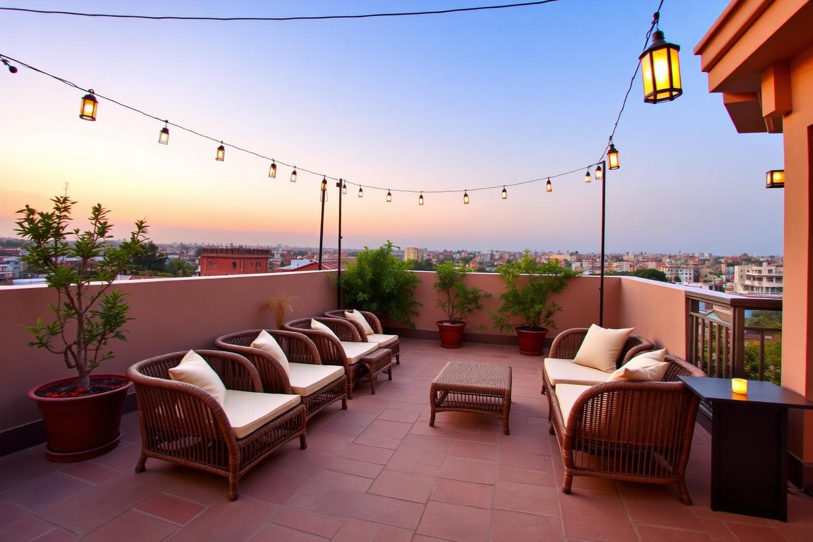 Open terrace with cane seating and lanterns overlooking Udaipur at sunset